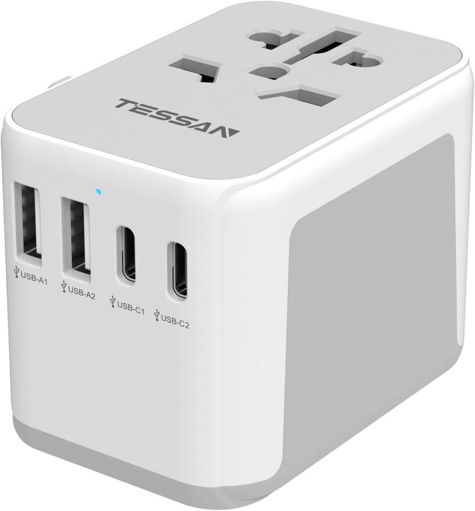  Universal Travel Adapter Worldwide with 2 USB C and 2 USB A Ports, Universal Plug Adaptor UK to World, International Adapter for EU, USA, UK, Australia, Thailand etc. not a Voltage Converter