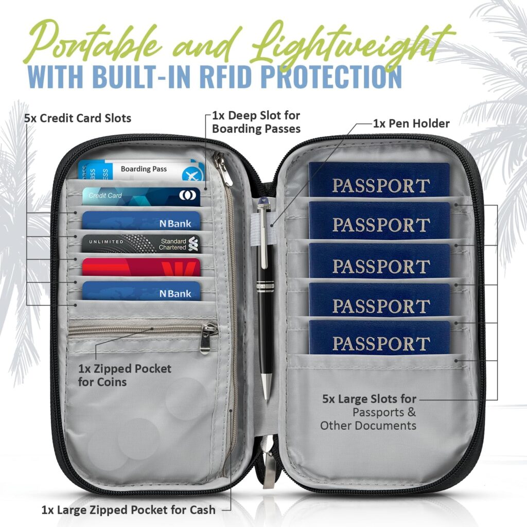 Family Passport Holder, RFID Travel Wallet for Women & Men, Document Organiser, Holiday Essentials & Waterproof Cover for Tickets, Money, Cards