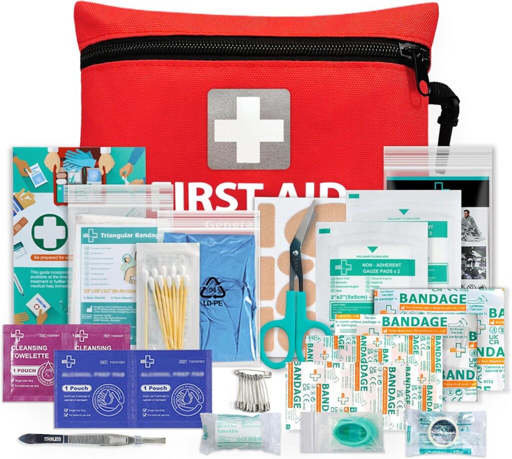 General Medi Mini First Aid Kit, 92 Pieces Small First Aid Kit - Includes Emergency Foil Blanket, Scissors for Travel, Home, Office, Vehicle, Camping, Workplace & Outdoor (Red)
